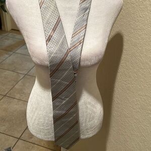 MCM 100% Silk Neck Tie Light Blue Gray Striped Grid Print Office Neutral